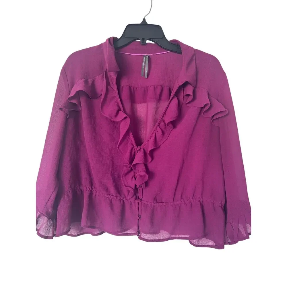 NWOT Anthropologie Ruffled V-Neck Sheer Blouse in Magenta Size XL